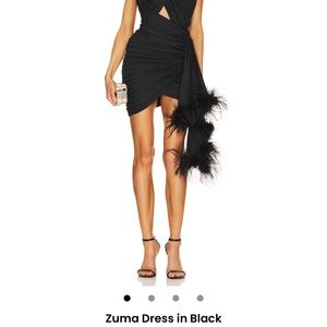 NBD One-Shoulder Mini Dress with Feather Trim in Black
